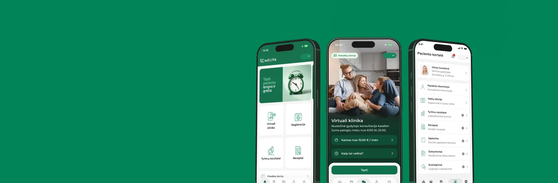 Trys telefono ekranai su virtualios klinikos atvaizdu 