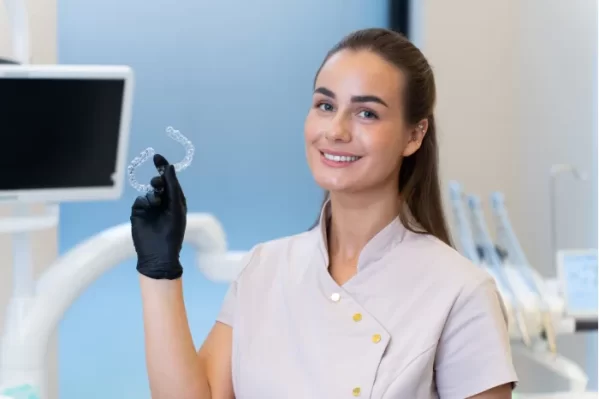 Odontologė rodo skaidrią dantų tiesinimo kapą odontologijos kabinete