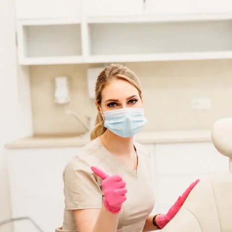 Odontologijos specialistė su medicinine kauke ir rožinėmis pirštinėmis sėdi odontologijos kabinete bei rodo pakeltus nykščius. Fone matoma šviesi klinikos aplinka ir odontologinė įranga