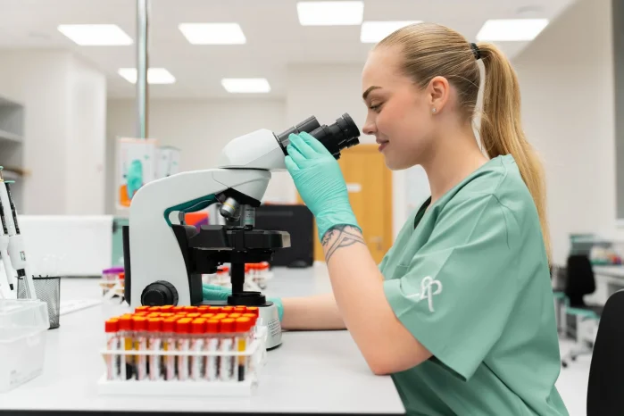 Laboratorijos tyrimai gydytoja tiria kraujo tyrimus 
