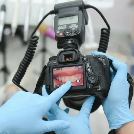Medicinos specialistas su mėlynomis pirštinėmis fotografuoja paciento dantis profesionaliu fotoaparatu. Fotoaparato ekrane matomas burnos ertmės vaizdas, naudojamas odontologiniam ištyrimui ir gydymo planavimui