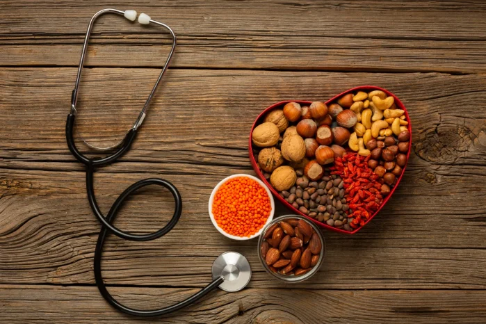 Cholesterolio mažinimas - širdies formos dėžutė su riešutais ir sėklomis šalia stetoskopo ant medinio stalo