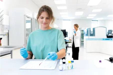 Mėlyna apranga apsirengusi mergina dirba laboratorijoje 