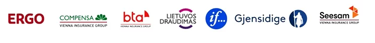 Draudimo partnerių logotipai: ERGO, Compensa, BTA, Lietuvos draudimas, If, Gjensidige, Seesam