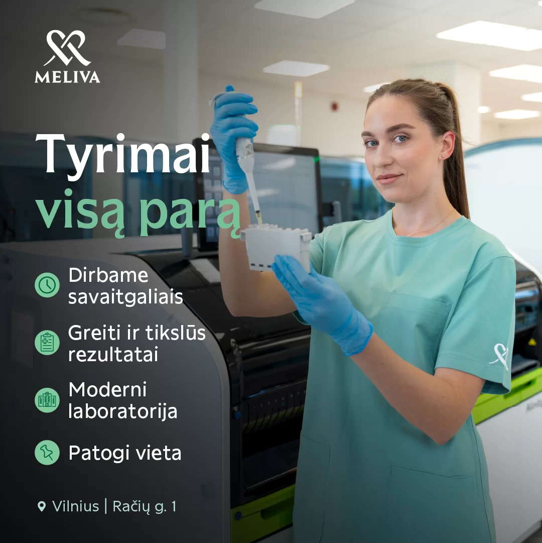 Laboratorijos darbuotoja atlieka tyrimą – „Meliva“ tyrimai visą parą, greiti ir tikslūs rezultatai